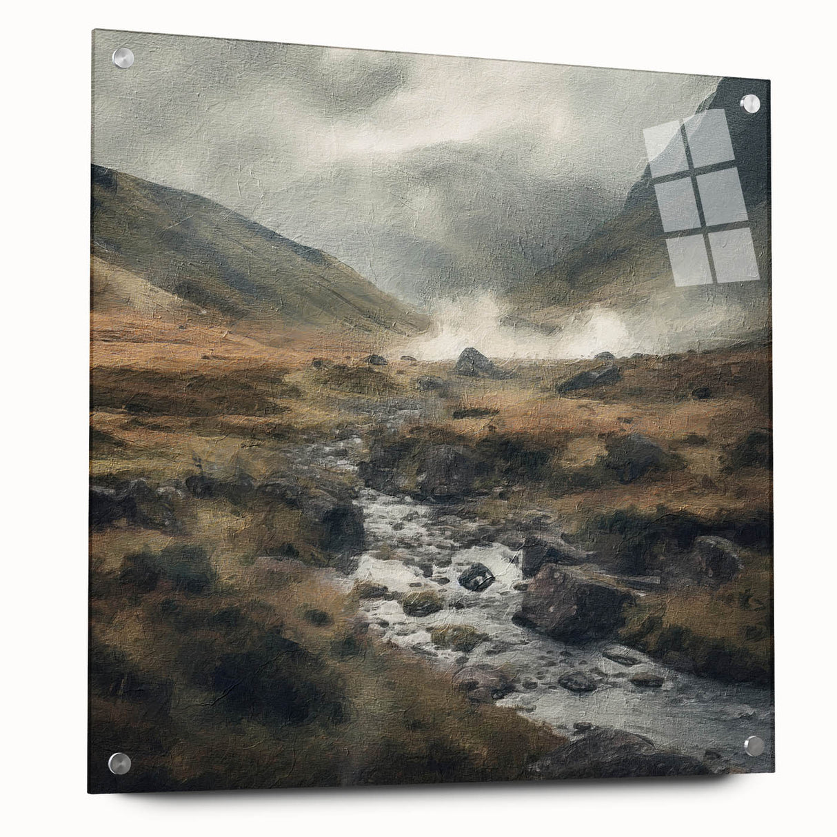 Landscape wall art design showcasing a serene countryside scene, displayed in a sleek acrylic frame with a side view featuring decorative pins for hanging. The vibrant colors and intricate details enhance any home decor, making it a perfect addition to nature-inspired interiors.