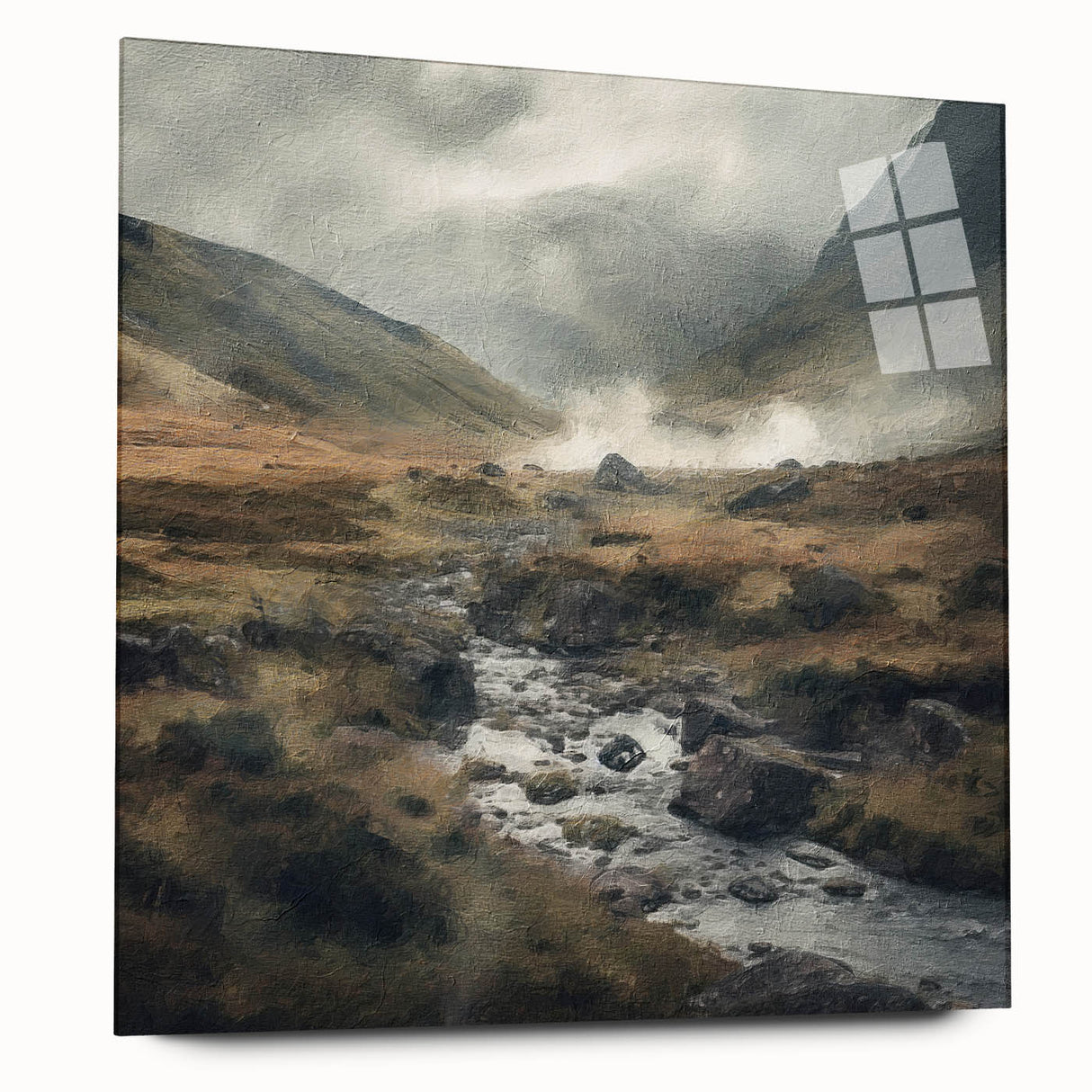 Landscape wall art depicting a serene countryside scene, printed on acrylic glass, showcasing vibrant colors and intricate details, enhancing any home decor.