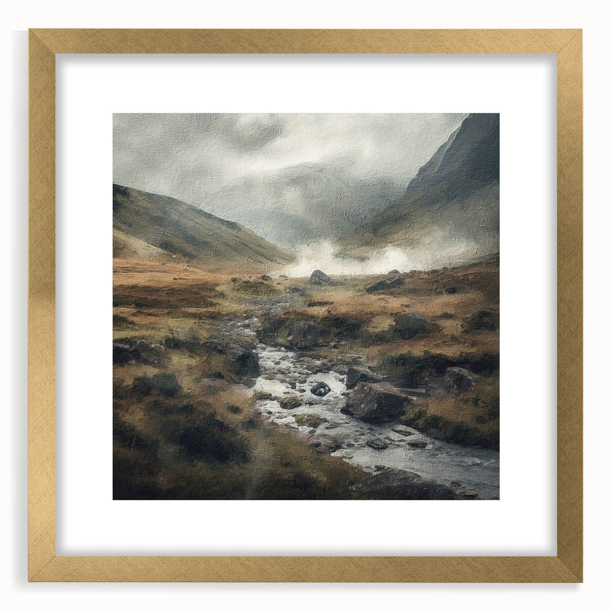 Landscape wall art depicting a serene countryside scene, framed in an elegant gold frame with a white mat, perfect for enhancing home decor.