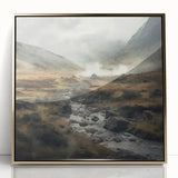 Framed landscape wall art depicting a serene countryside scene, featuring lush green fields and a clear blue sky, accented with a gold frame for an elegant touch.