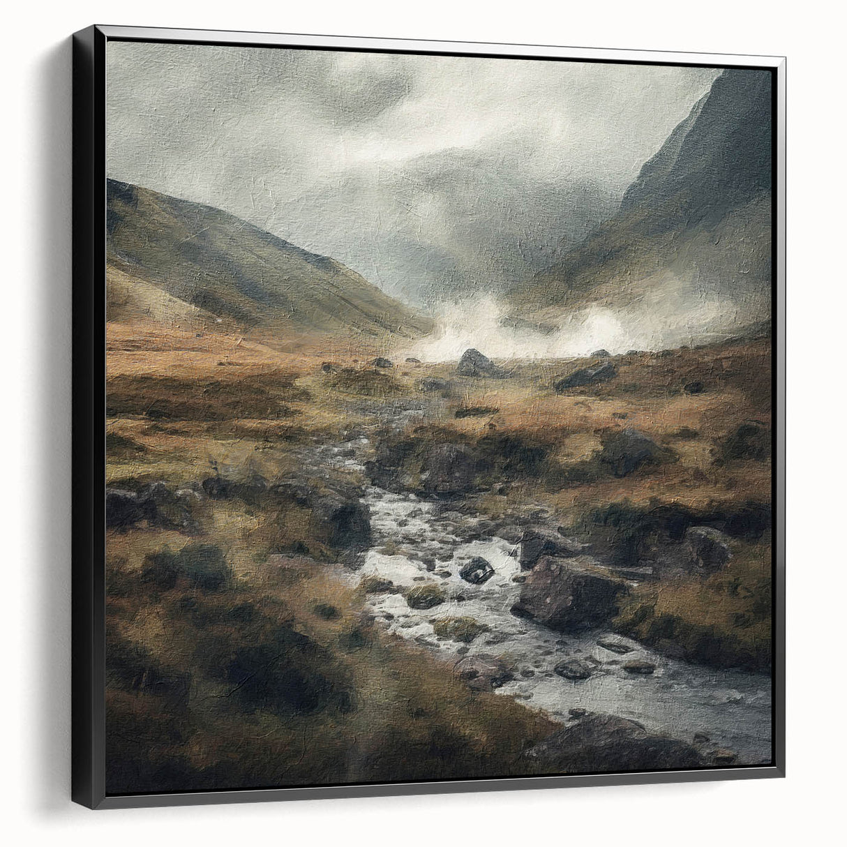Framed landscape wall art showcasing a serene countryside view with vibrant colors, displayed from a black side angle for an elegant home decor accent.