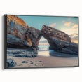 Framed canvas artwork depicting a serene countryside landscape, showcasing vibrant greens and blues, with a sleek black frame enhancing its elegance. Perfect for home décor.