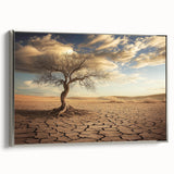 Framed canvas artwork depicting a vibrant desert landscape, featuring warm tones of orange and gold, with a sleek silver frame highlighting its elegance. Perfect for home decor or as a gift for art lovers.