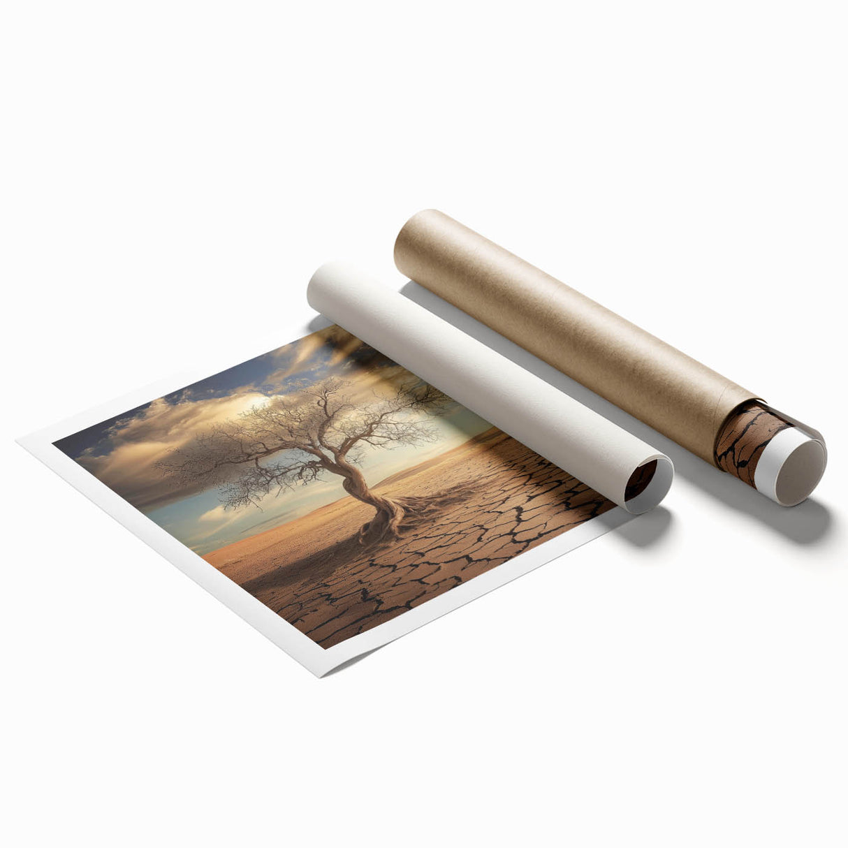 Desert landscape art print showcasing vibrant hues of orange and blue, rolled and ready for display, encapsulating serene natural beauty and warmth.