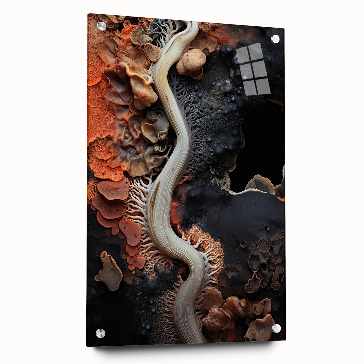 Large abstract wall art on acrylic glass featuring swirling blue and gray tones, suitable for bedroom or dining room decor.