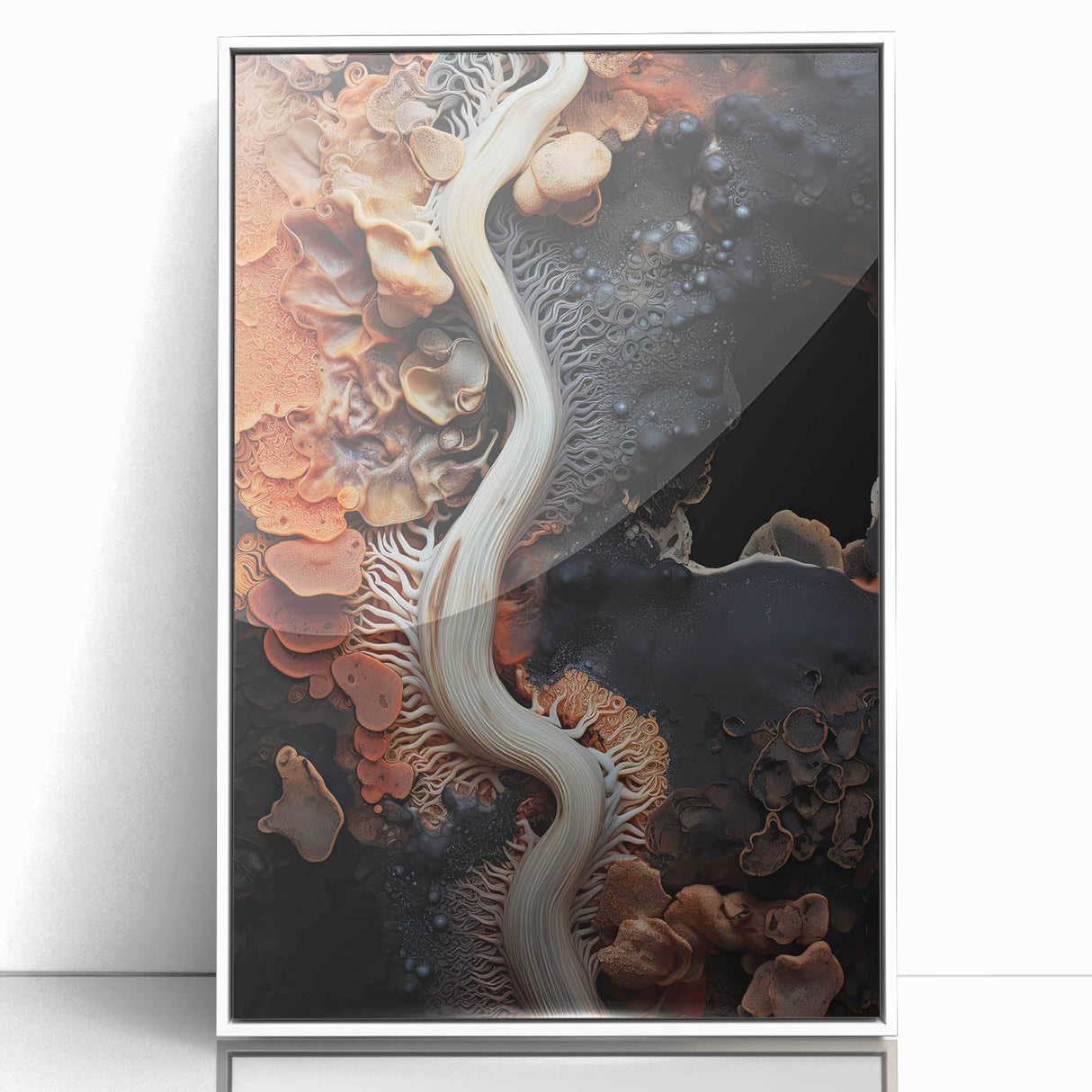 Art Deco poster featuring geometric shapes in muted gold and white tones, acrylic print framed in white.