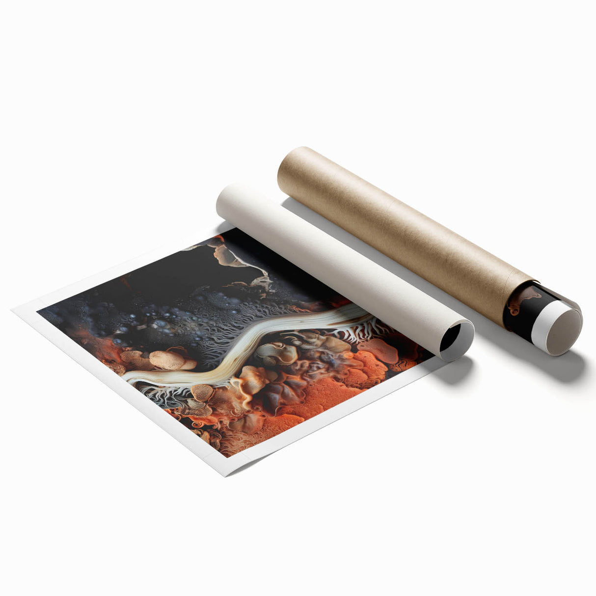 Extra large rolled print of close-up floral elements in muted earth tones, suited for classy bathroom wall art.