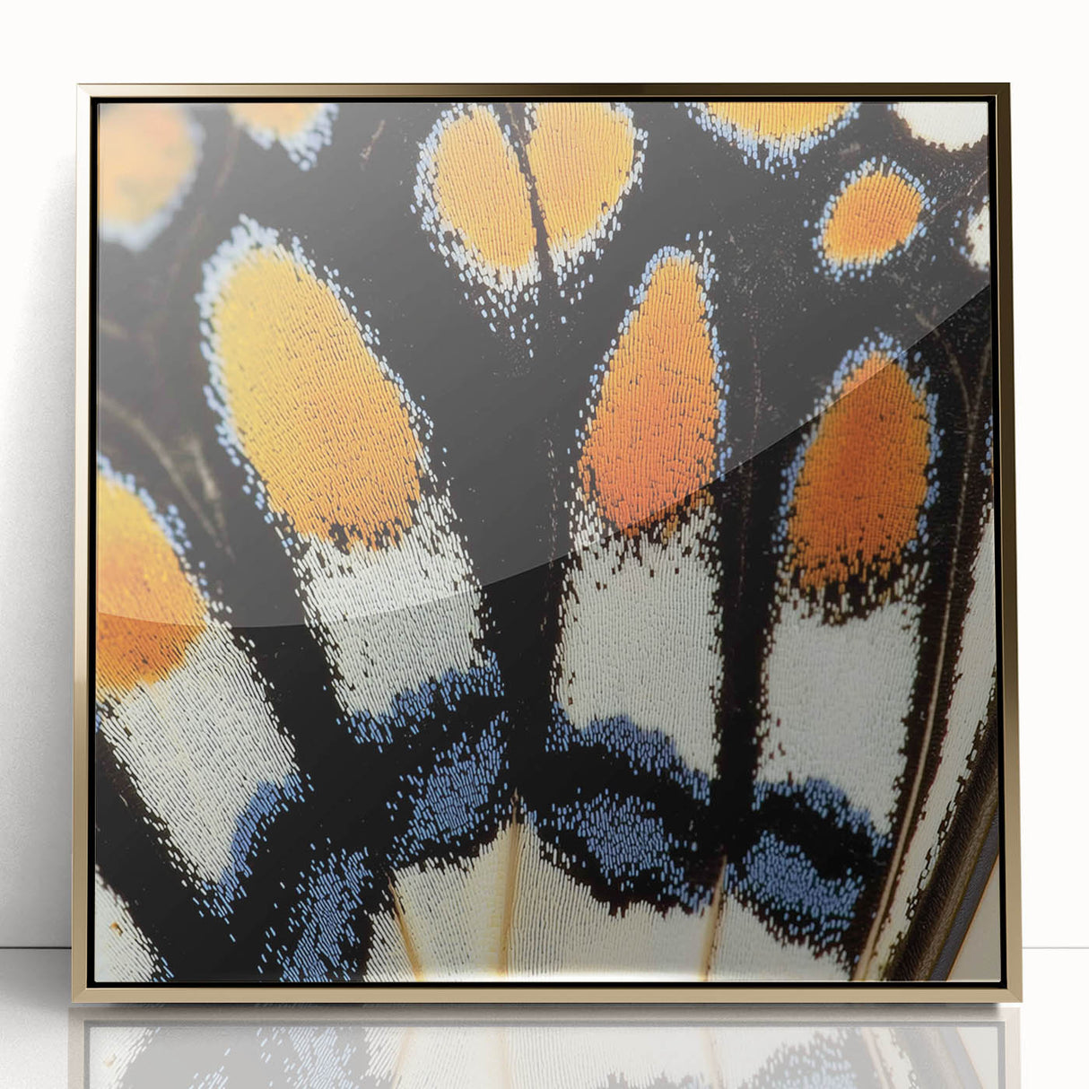 Close-up of a deer in a forest on a large acrylic print with gold frame, in mid-century modernist style.