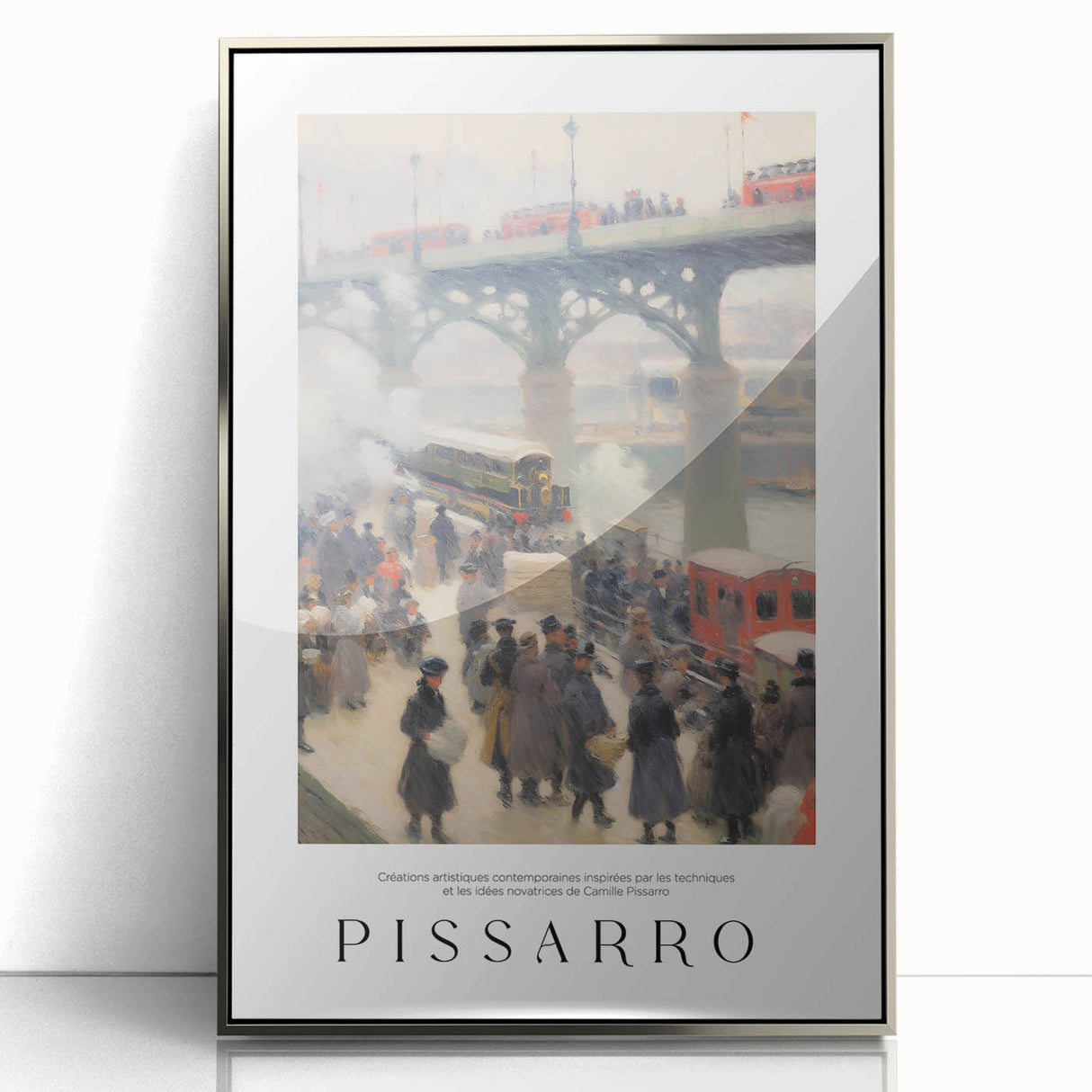 Mid-century modernist art depicting abstract shapes in muted colors on a silver-framed acrylic print.