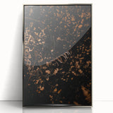 Mid-century modernist art depicting an abstract fall scene in orange and brown tones on a silver-framed acrylic print.
