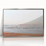 Mid-century modernist art depicting summer season in vibrant orange and yellow tones on a silver-framed acrylic print.