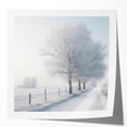 Winter scene with snow-covered trees in soft gray and white tones on a large canvas.