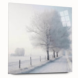 Large abstract wall art depicting a winter scene in muted blue and gray tones on acrylic glass, ideal for dining room art.