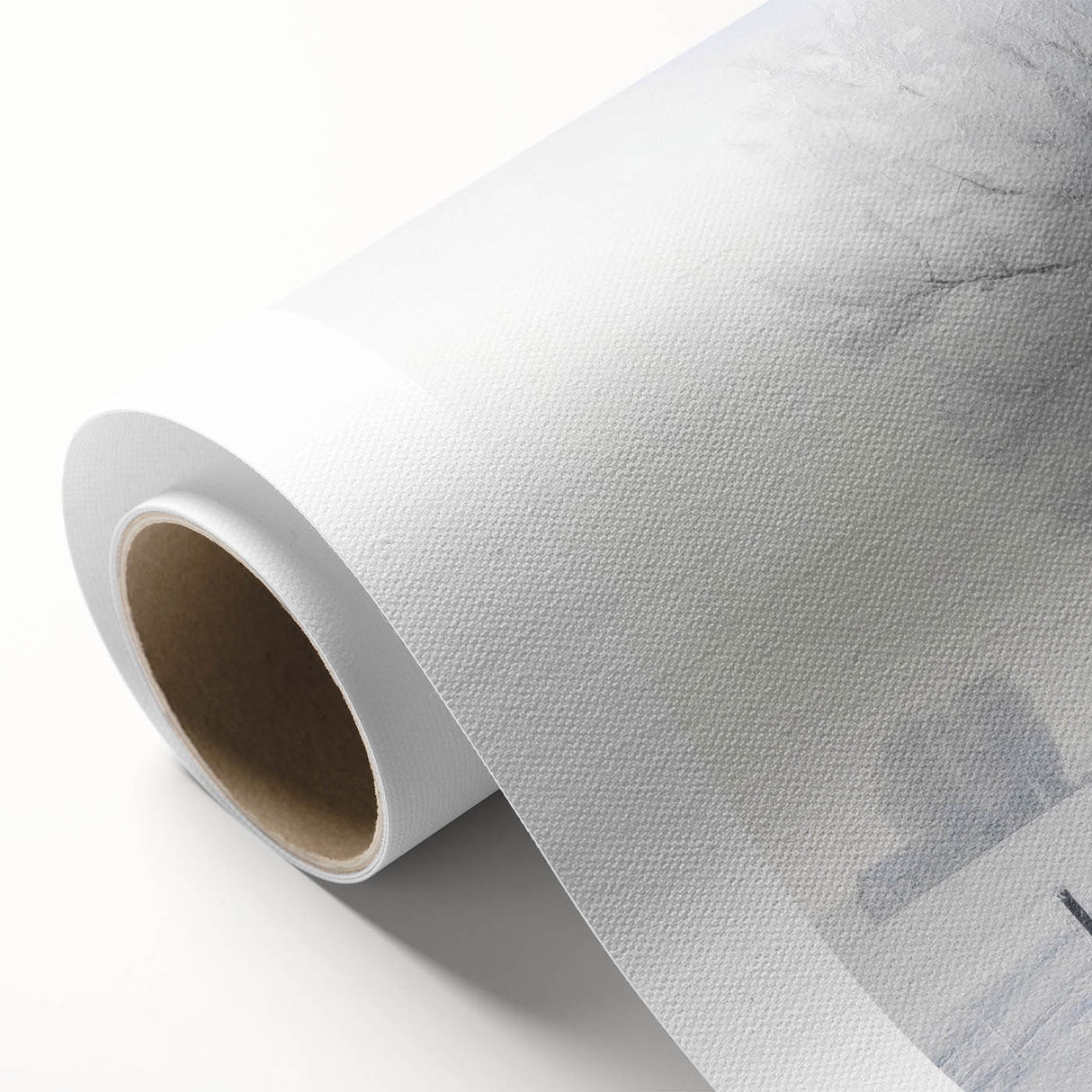 Winter scene with falling snow in muted blue tones on rolled canvas, ideal for nursery wall art.