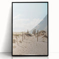 Large abstract wall art in mid-century modernist style, featuring swirling blues and oranges on a framed acrylic print.