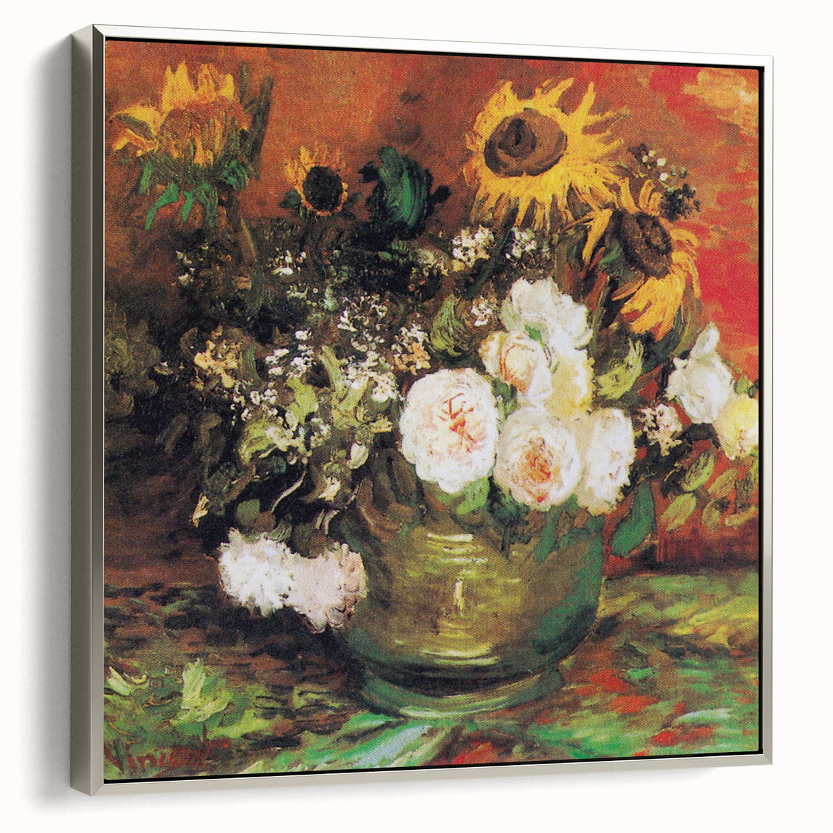 Side view of a framed canvas depicting Van Gogh-inspired landscape art with colorful brushstrokes.