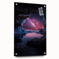 Acrylic glass artwork showcasing a vibrant landscape with intricate cave details, displayed from the side with visible pins, ideal for modern home decor.