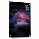 Acrylic glass artwork showcasing a vibrant landscape with intricate cave details, displayed from the side with visible pins, ideal for modern home decor.