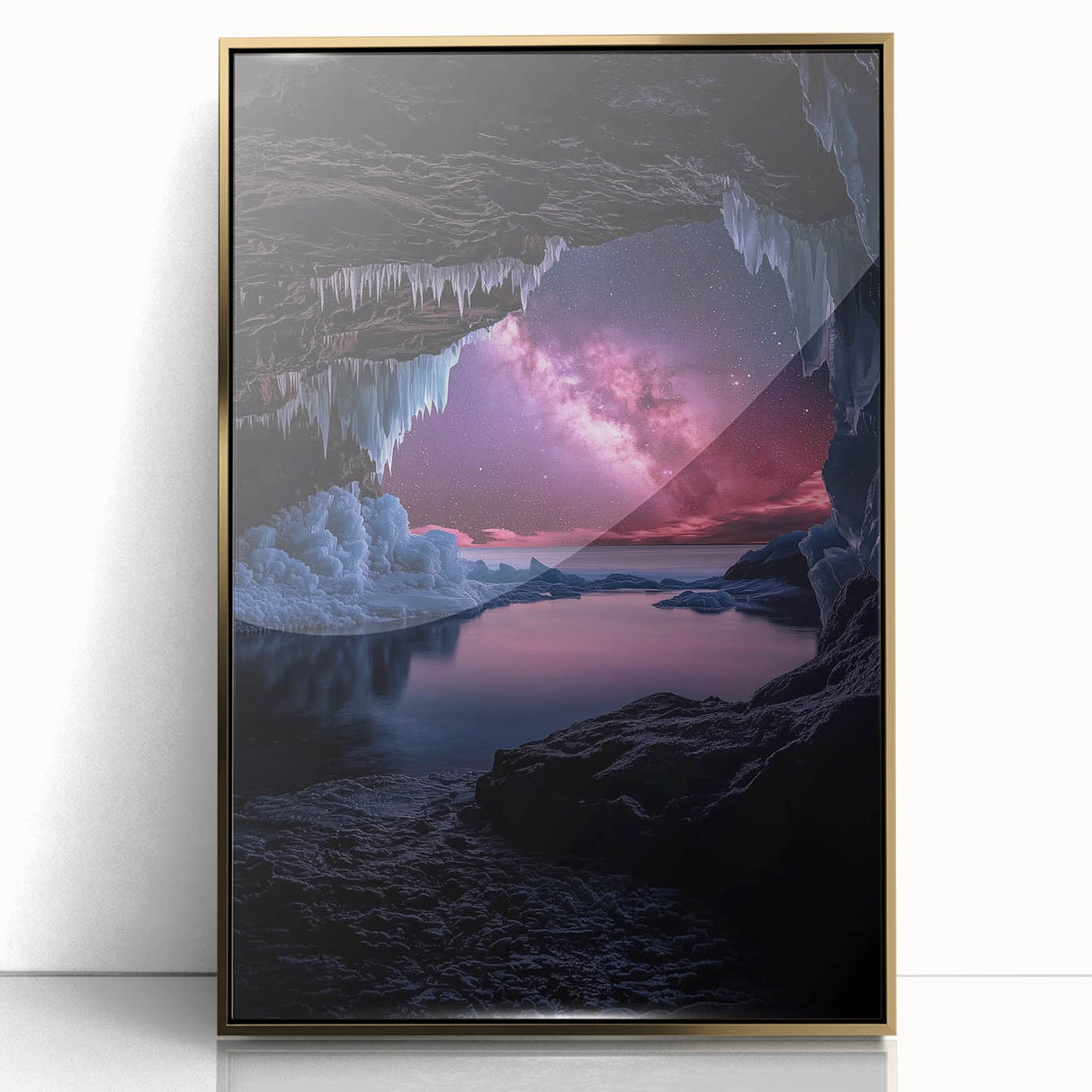 Framed acrylic artwork depicting a stunning landscape with cave formations, enhanced by a gold frame, ideal for home decor and modern art enthusiasts.