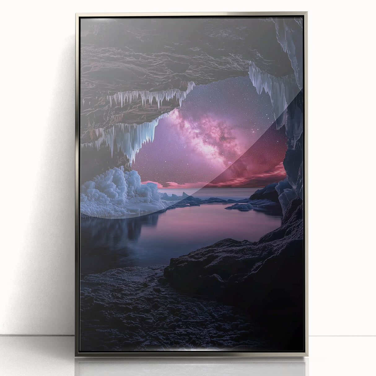 Framed acrylic artwork showcasing a stunning landscape with cave formations, featuring silver accents that enhance its modern aesthetic, perfect for home decor.