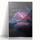 Framed acrylic artwork showcasing a vibrant landscape with caves, featuring a white frame and front view display, ideal for modern home decor.