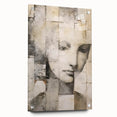 Abstract figurative wall art displayed in an acrylic glass frame, showcasing vibrant colors and intricate designs, set against a neutral background with pin details.