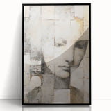 Framed abstract figurative wall art featuring bold colors and dynamic shapes, set in a sleek black frame, ideal for modern interior decor.