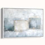 Framed abstract geometric canvas art featuring a modern design with predominantly white tones, showcased from a side view to highlight its sleek edges and minimalist aesthetic. Ideal for contemporary home decor, this artwork adds a stylish touch to any space.