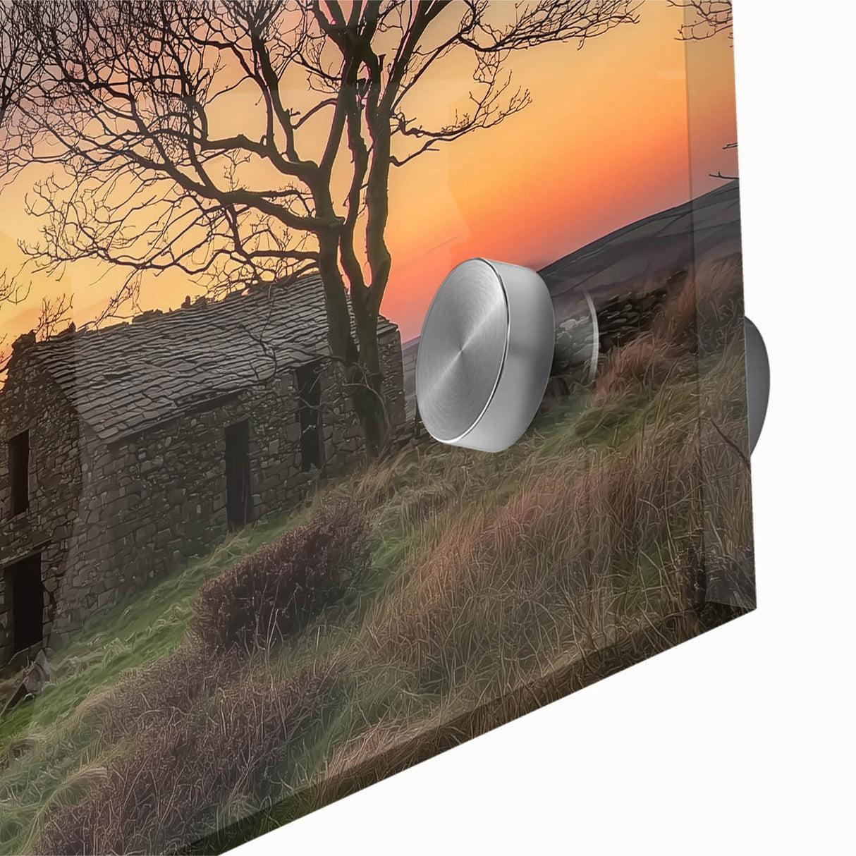 Close-up of a vibrant acrylic glass artwork showcasing a serene landscape with a rustic barn, featuring rich colors and intricate details, ideal for home decor.