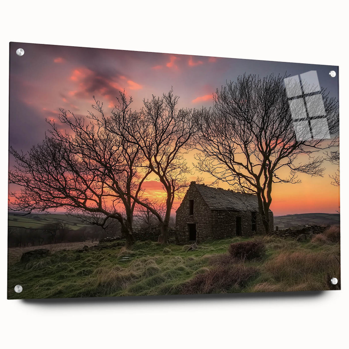 Side view of a vibrant landscape barn design printed on acrylic glass, showcasing rich colors and intricate details, secured with metal pins for display.