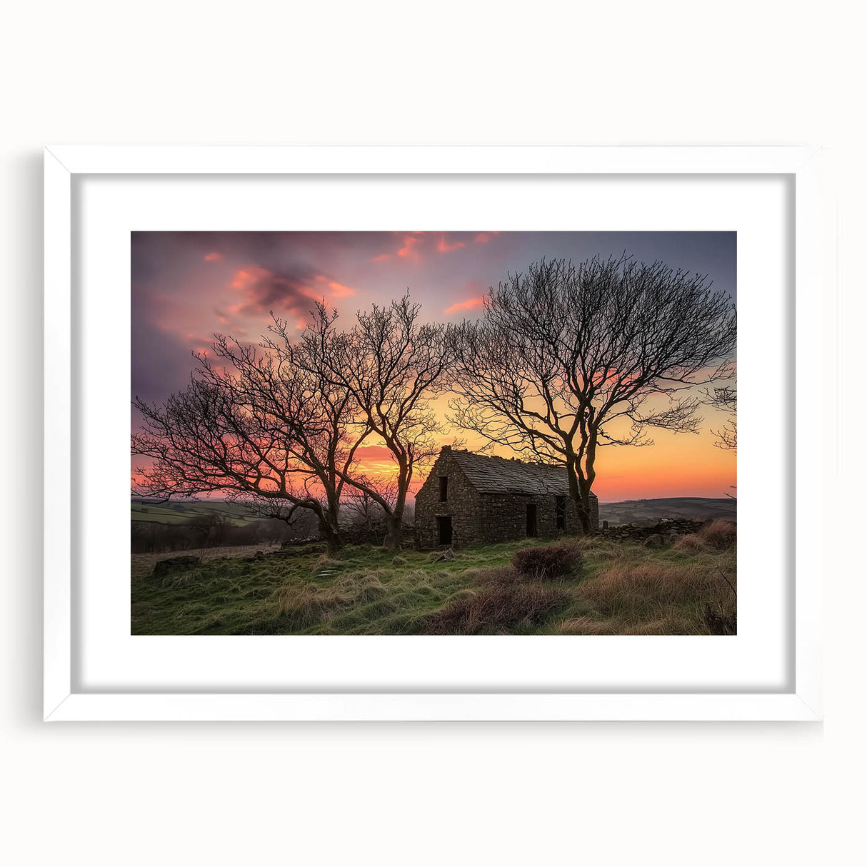 Landscape barn frame with a white mat, showcasing a rustic design ideal for farmhouse decor. The frame's natural wood finish enhances the artwork's charm.