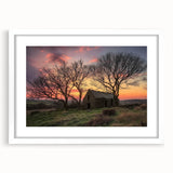 Landscape barn frame with a white mat, showcasing a rustic design ideal for farmhouse decor. The frame's natural wood finish enhances the artwork's charm.