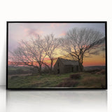 Framed landscape artwork of a serene barn scene, featuring vibrant colors and detailed brushwork, showcasing a black frame for a modern touch.