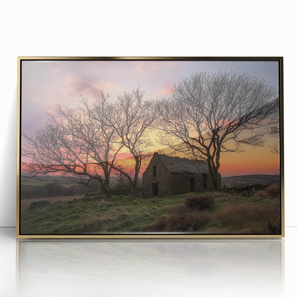 Framed acrylic artwork showcasing a golden landscape design, featuring intricate details and vibrant colors, perfect for enhancing home decor and aesthetics.