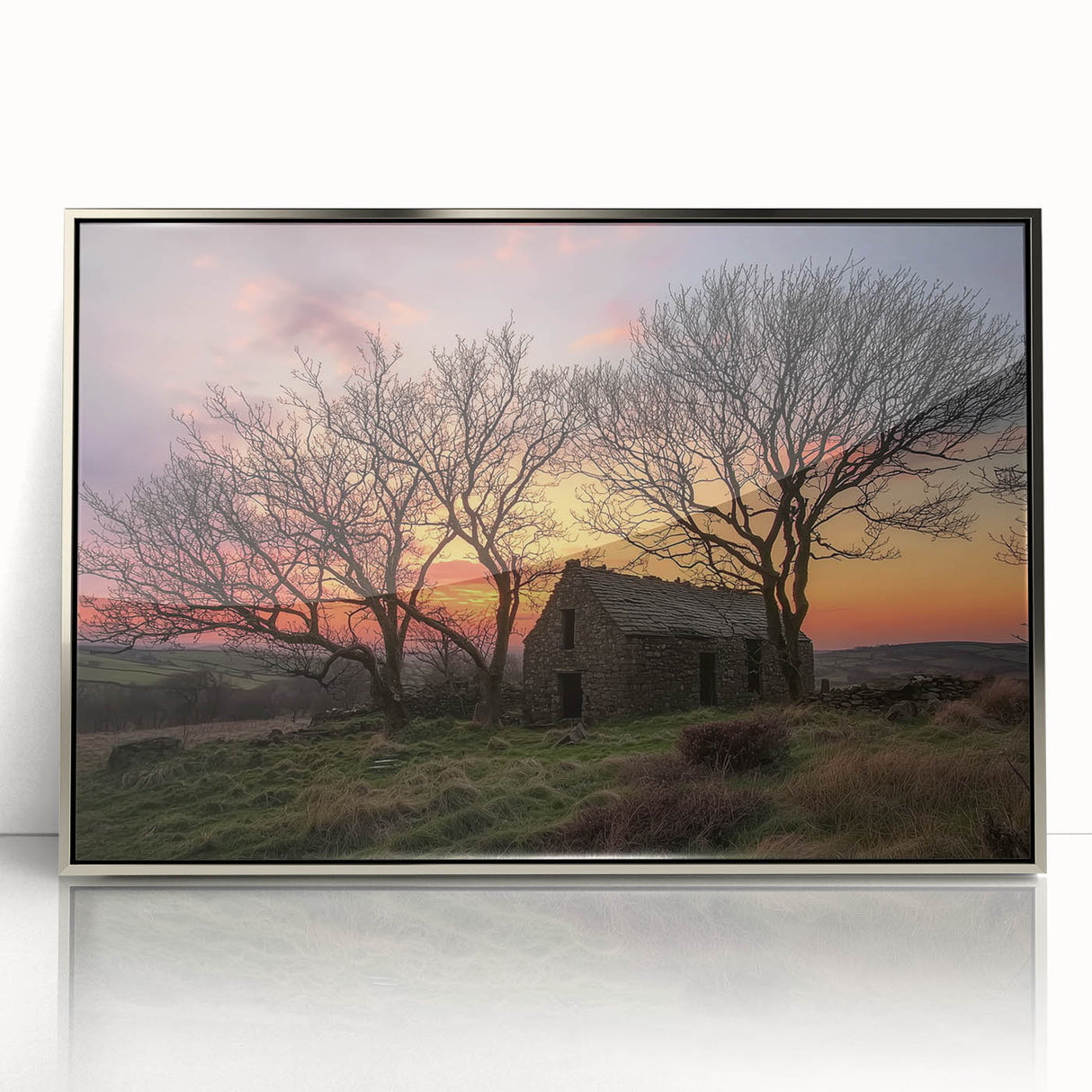 Framed acrylic print of a serene landscape featuring a rustic barn, showcasing vibrant colors and intricate details, ideal for home decor and nature enthusiasts.