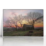 Framed acrylic artwork featuring a serene landscape with a barn, set against a vibrant sky. Ideal for home decor, enhancing rustic and country-themed interiors.