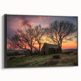 Black barn-framed canvas showcasing a serene landscape scene, emphasizing rich colors and intricate details, perfect for enhancing home decor and interior aesthetics.