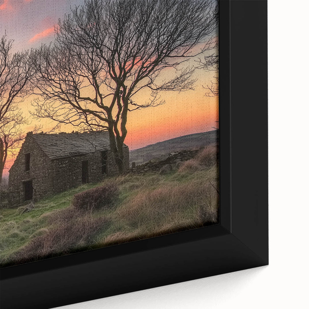 Close-up view of a textured landscape barn-themed canvas print, showcasing intricate details and warm colors, designed to enhance rustic home decor aesthetics.
