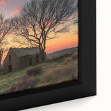 Close-up view of a textured landscape barn-themed canvas print, showcasing intricate details and warm colors, designed to enhance rustic home decor aesthetics.