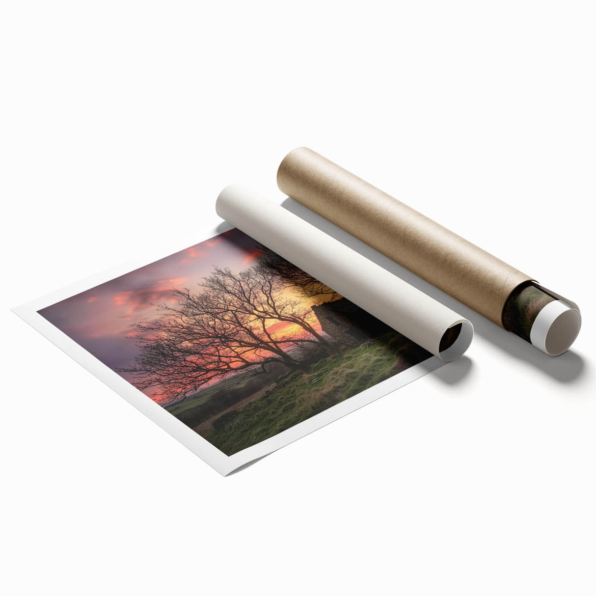 Rolled print of a serene landscape featuring a rustic barn surrounded by lush greenery, presented in a protective cardboard tube for safe transport and display.