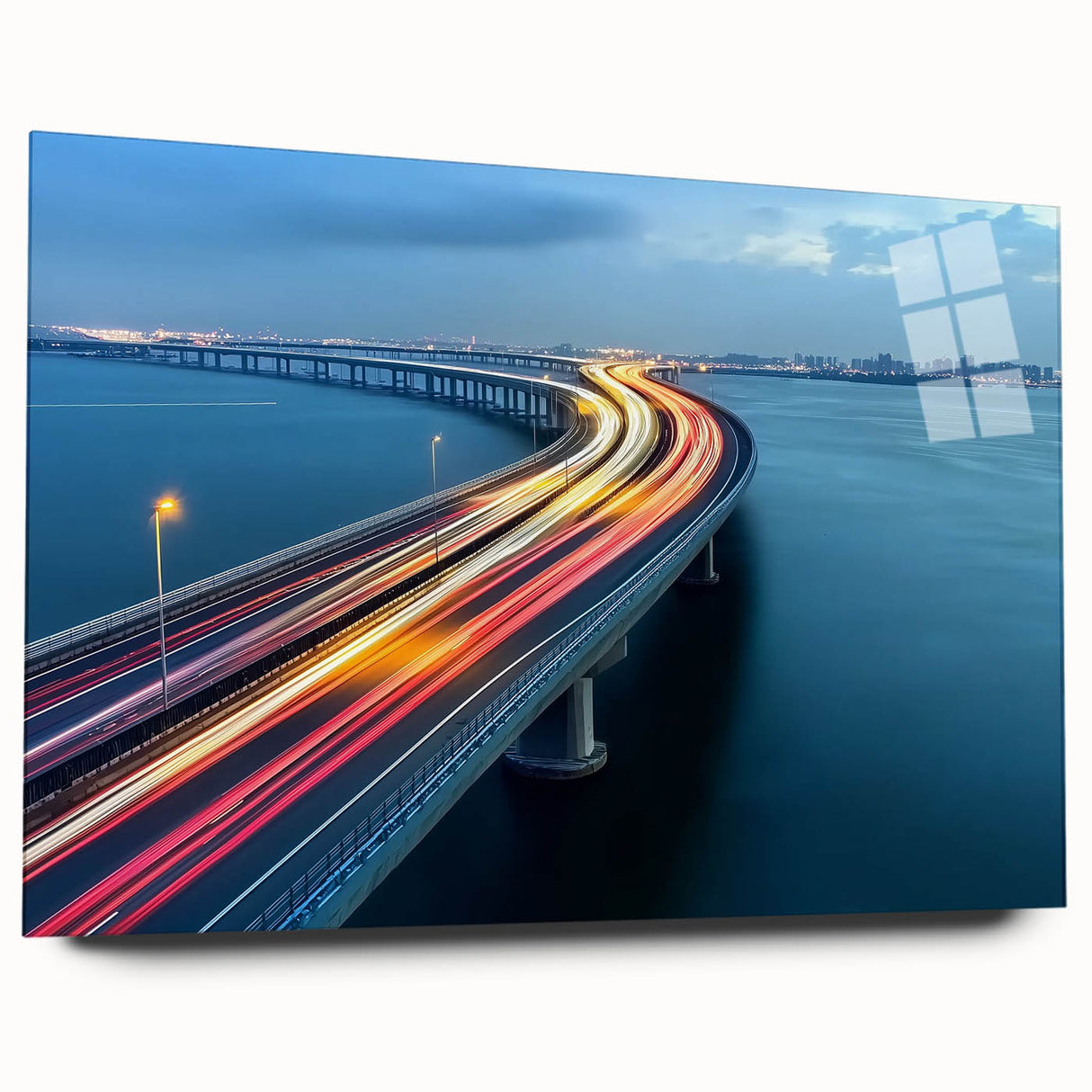 Sleek acrylic glass side view of a modern landscape bridge design, showcasing its elegant lines and vibrant colors, perfect for contemporary home decor.