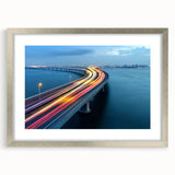 Landscape bridge frame with a silver mat, showcasing a modern design. Perfect for displaying artwork or photographs, enhancing home decor with elegance.