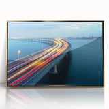 Framed acrylic artwork showcasing a landscape bridge design in gold tones, ideal for modern home decor. The vibrant image captures the bridge against a serene backdrop, perfect for enhancing interior spaces.