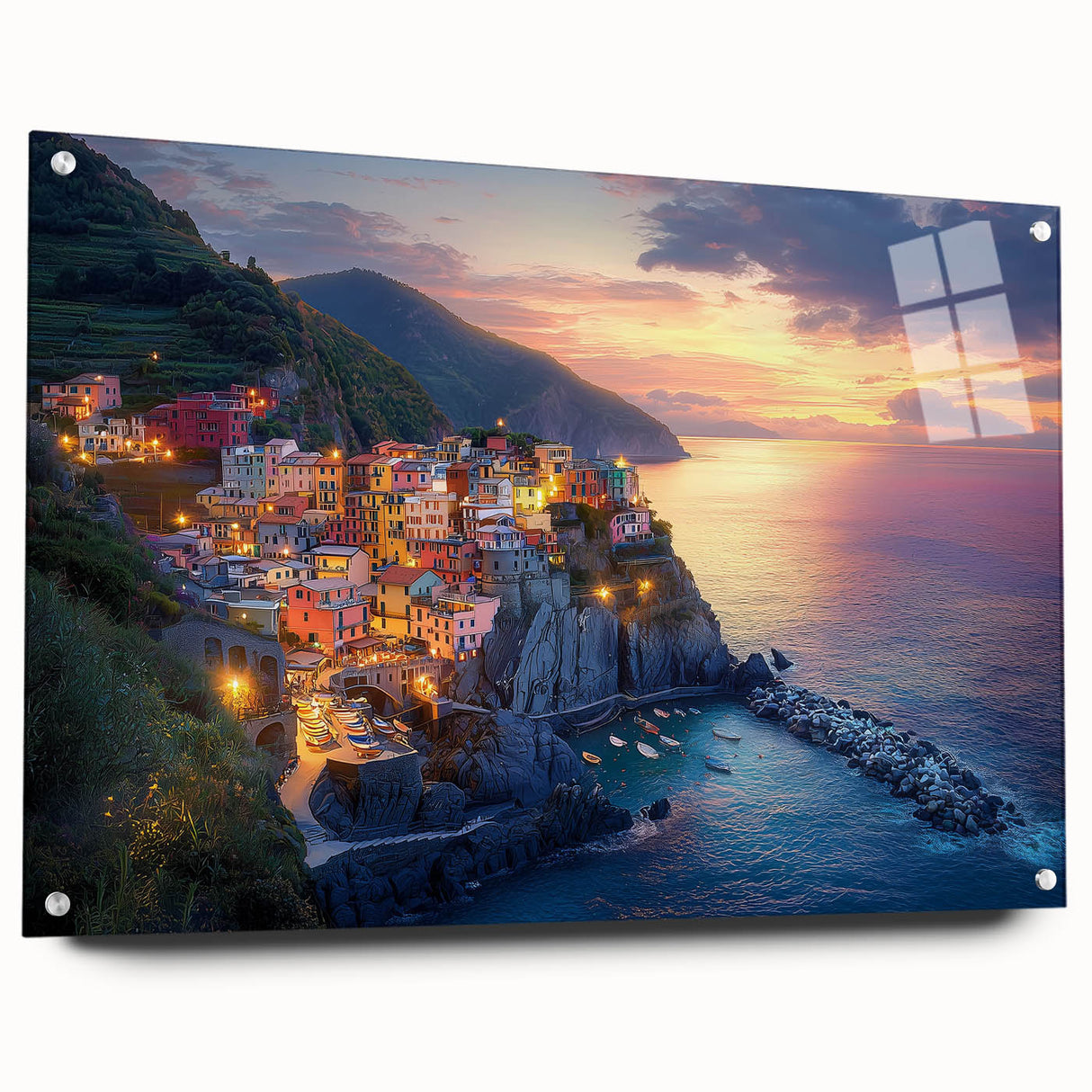Acrylic glass artwork depicting a serene countryside landscape with vibrant green fields and a blue sky, displayed from a side view with decorative pins.