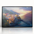 Framed acrylic landscape artwork depicting a serene countryside scene, showcasing vibrant greens and blues, with a sleek black frame enhancing its modern aesthetic. Perfect for home decor enthusiasts seeking nature-inspired elegance.