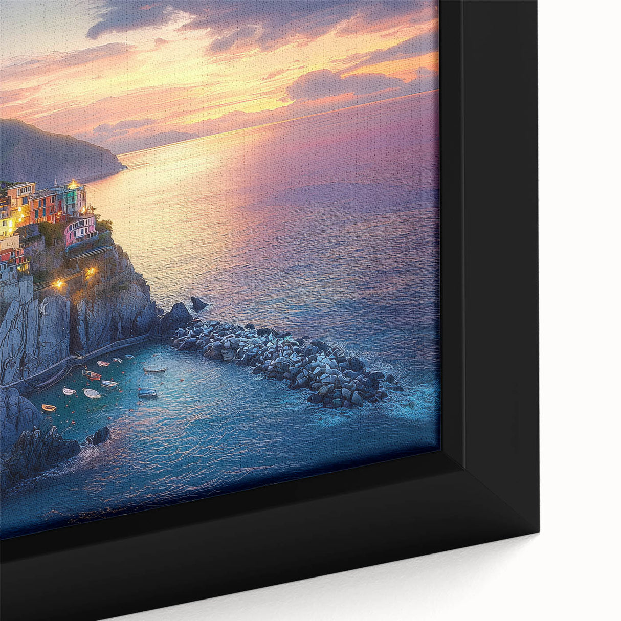 Framed canvas close-up showcasing a vibrant countryside landscape with rolling hills and lush greenery, ideal for enhancing home decor with nature-inspired art.