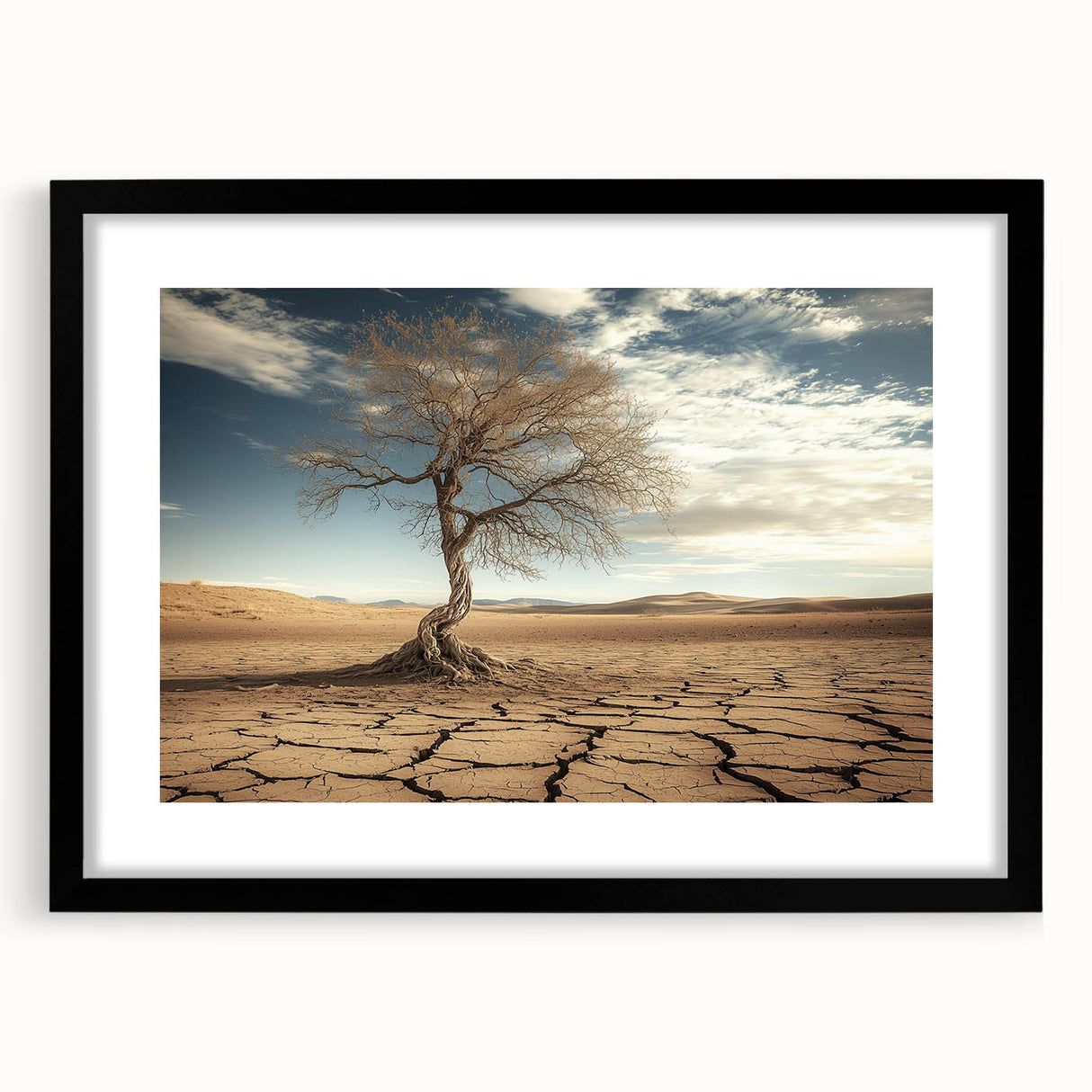 Black-framed landscape artwork depicting a serene desert scene with warm colors and a white mat, ideal for home decor or gallery displays.