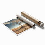 Desert landscape rolled canvas print showcasing vibrant hues of orange and gold, highlighting sunlit dunes and a serene sky, perfect for home decor or art collection.