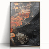 Large art print featuring abstract natural elements in gold tones on acrylic, framed, mid-century modernist style.