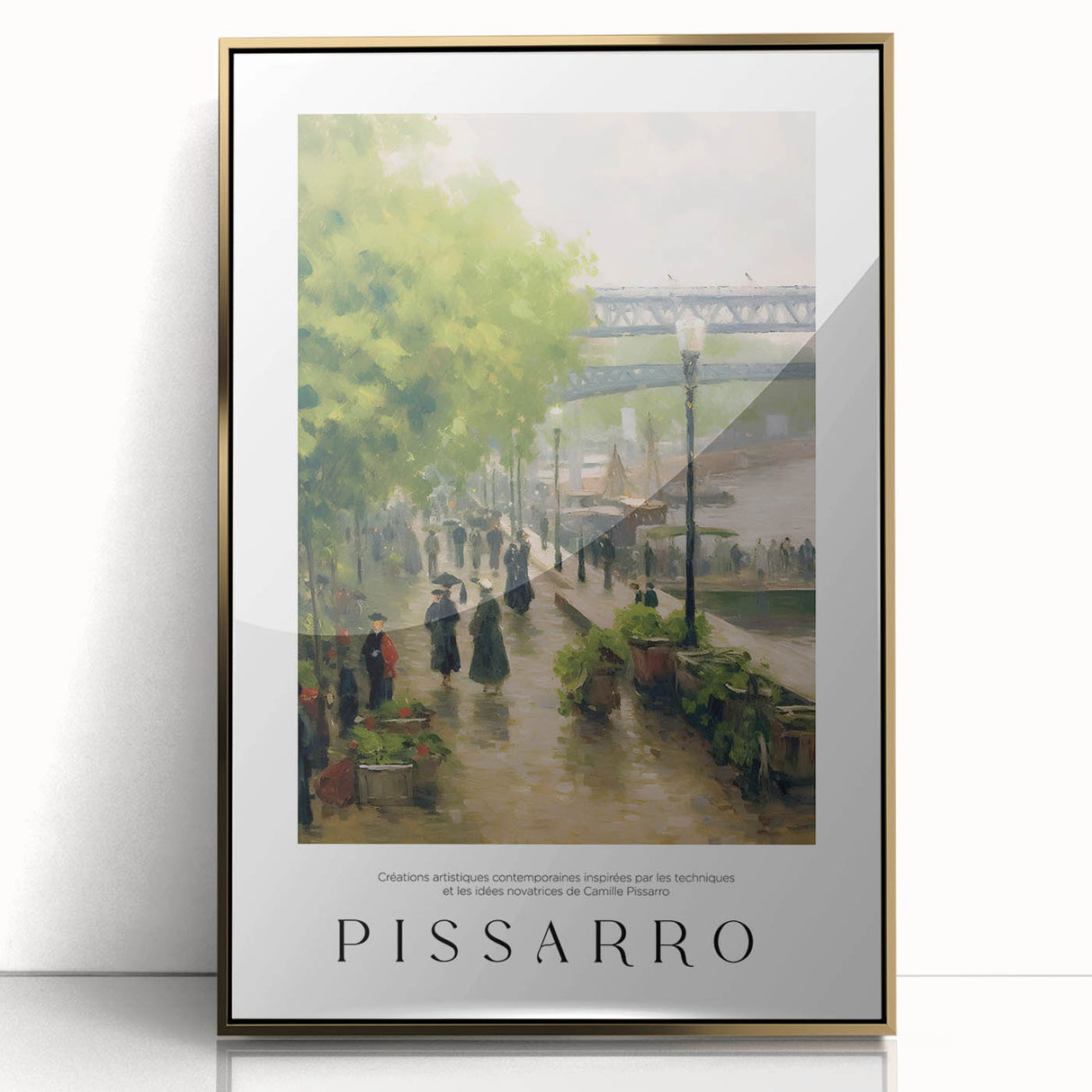Large art print of a mid-century modernist style abstract composition in gold and black, framed in acrylic.
